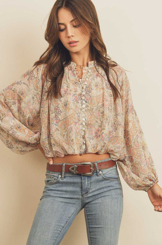 Paisley Button Down Shirred Top - Jade Creek Boutique