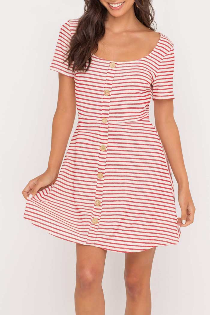 Ivory Red Stripe Button Dress - Jade Creek Boutique